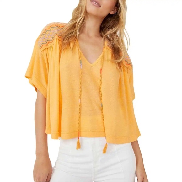 NWT Free People Market Embroidered Boho T-Shirt Short Sleeve V-Neck Over… - Picture 1 of 14